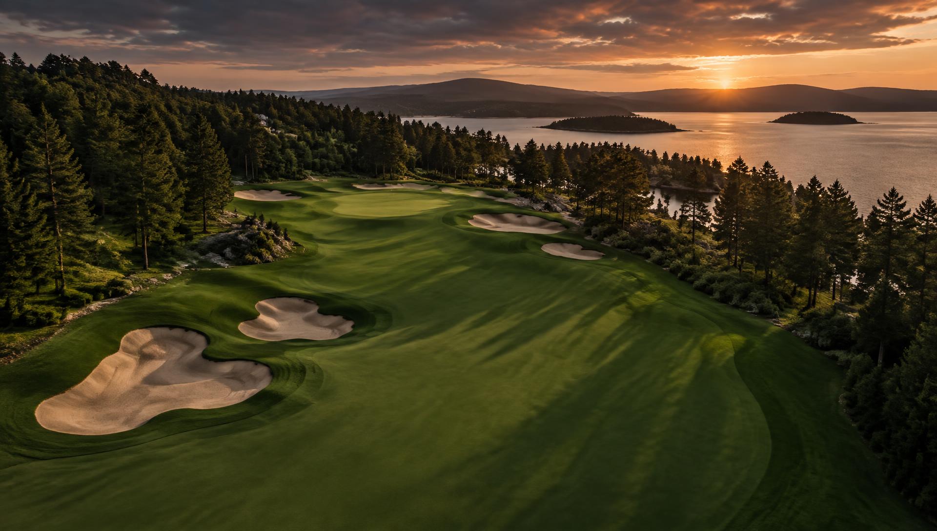 Aerial view of a premier golf course at dusk